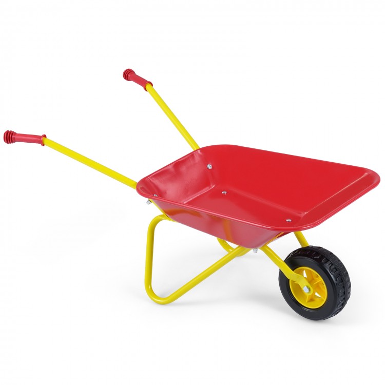 Red kids wheelbarrow with all-terrain wheels and anti-slip handles, perfect for hauling toys and outdoor fun.