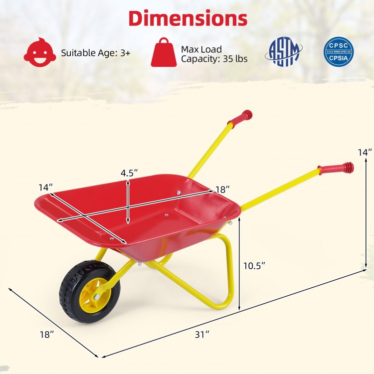 Kids wheelbarrow with all-terrain wheels in red, featuring a robust metal structure and dimensions for outdoor play.