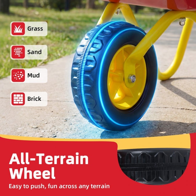 All-terrain wheel of the Kids Wheelbarrow, designed for grass, sand, mud, and brick surfaces, easy to push for fun.