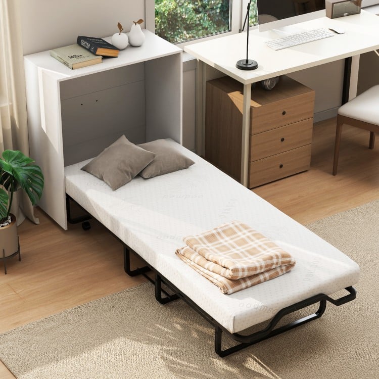 Cot size Murphy bed with a 4" mattress, foldable design, and lockable wheels for compact storage and stability.