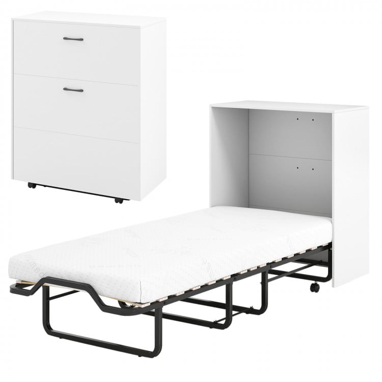 Cot size Murphy bed in white with foldable design, 4" mattress, and lockable wheels for compact storage and stability.