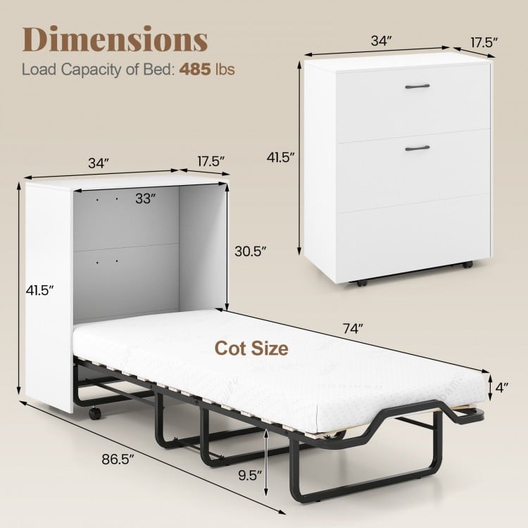 Cot size Murphy bed with foldable design, reinforced metal structure, and lockable wheels for easy storage and.