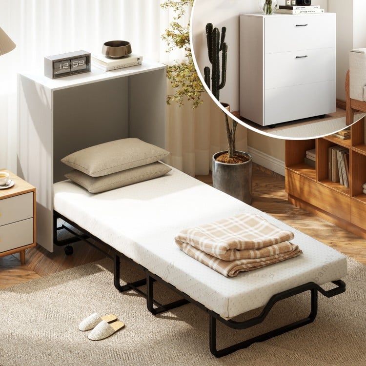 Cot size Murphy bed with a 4" thick mattress, foldable design, and lockable wheels for compact storage and stability.