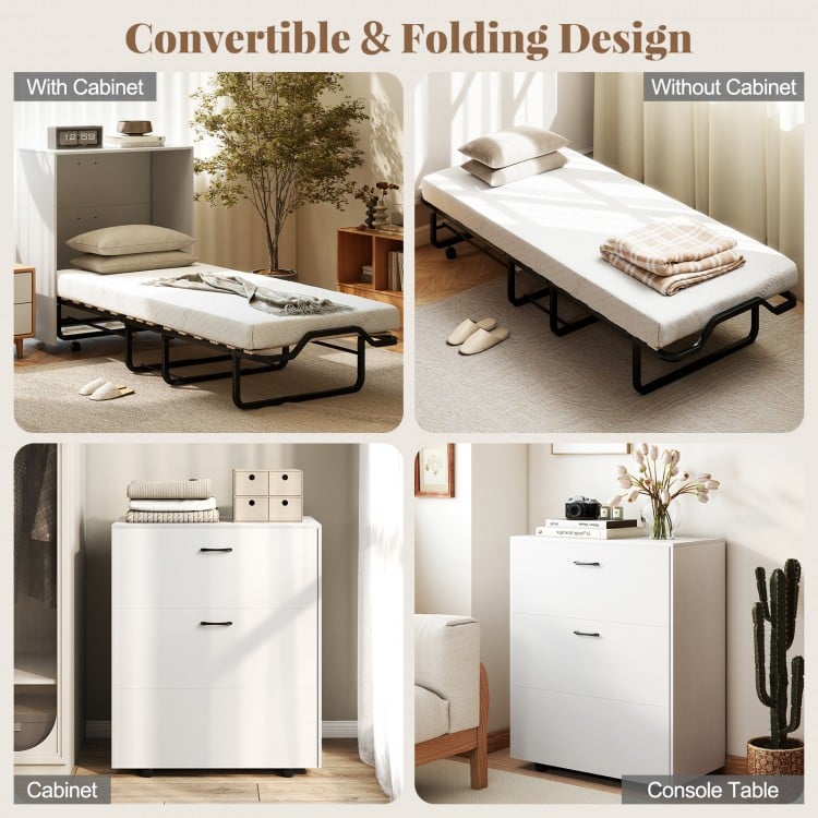 Folding cot size Murphy bed with lockable wheels, featuring a sturdy white cabinet for compact storage and optimal.