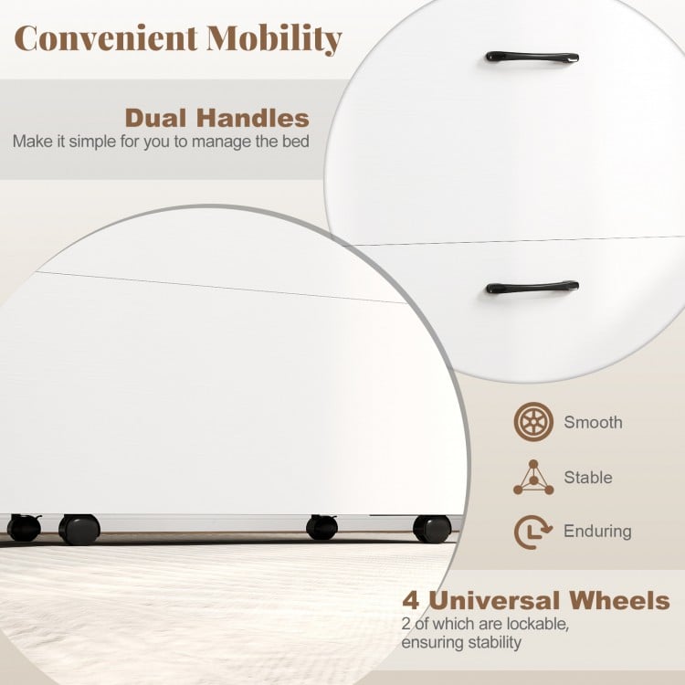 Close-up of dual handles and lockable wheels on the Cot Size Murphy Bed for easy mobility and stability.