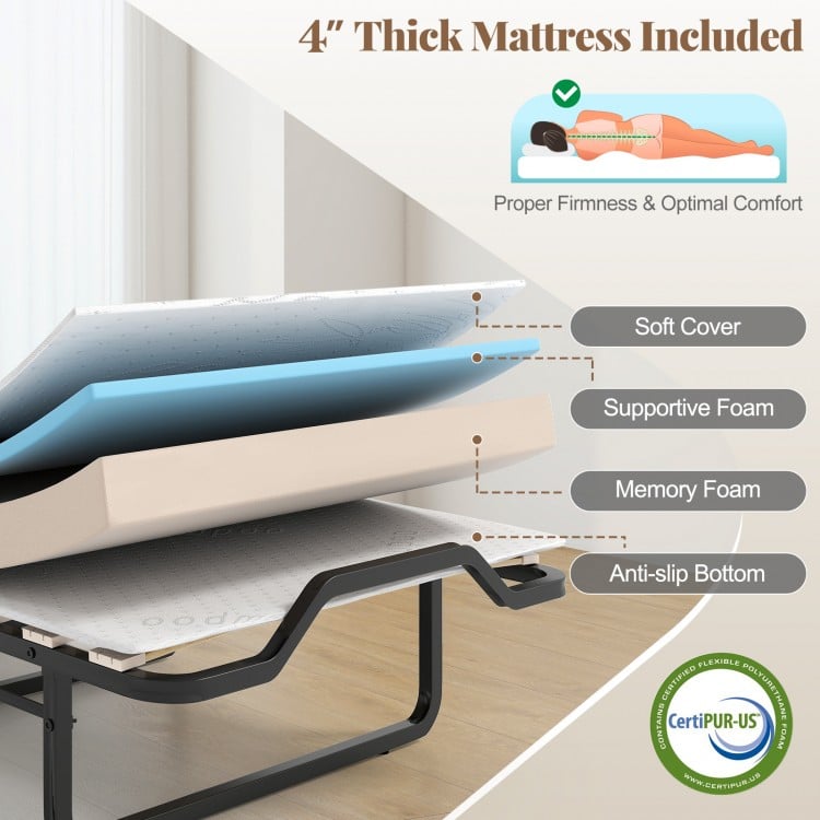 Cot size Murphy bed with 4" thick mattress, reinforced metal structure, and anti-slip bottom for stability and comfort.