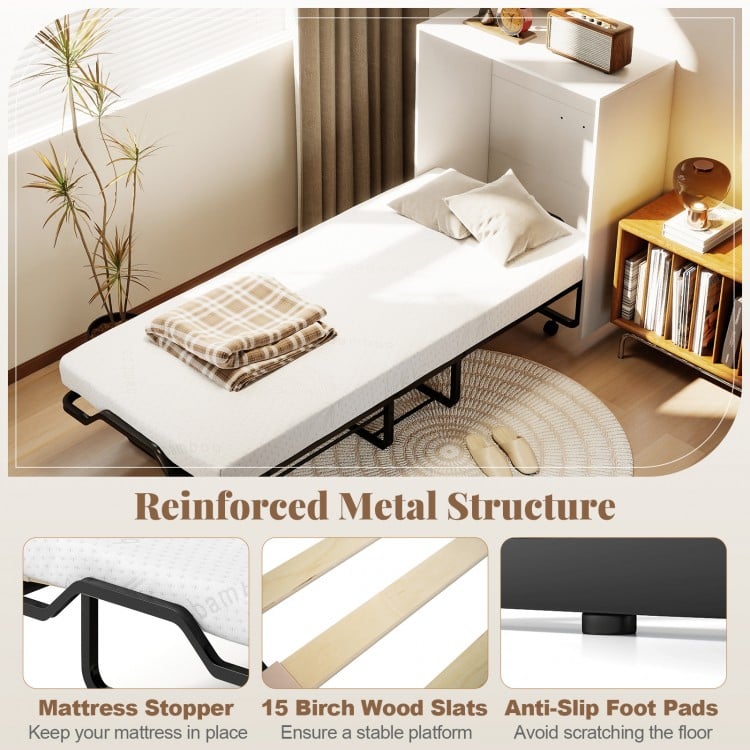 Cot size Murphy bed with a reinforced metal structure, 4" thick mattress, and lockable wheels for easy mobility.