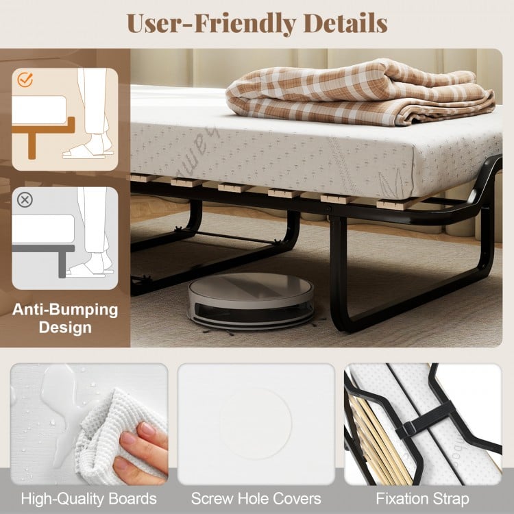 Cot size Murphy bed with foldable design, includes a 4" mattress, lockable wheels, and anti-bumping features for safety.