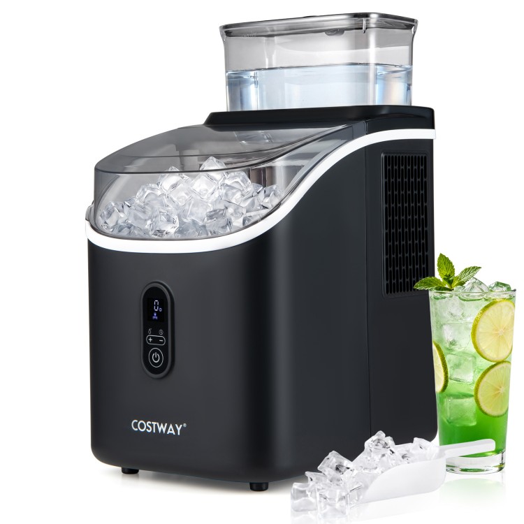 Countertop ice maker in black with external tank, producing 34 lbs of ice daily, ideal for home entertaining.