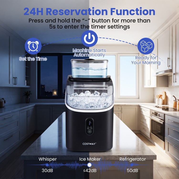 Countertop ice maker in black with a digital timer and 24H reservation function for automatic ice preparation.