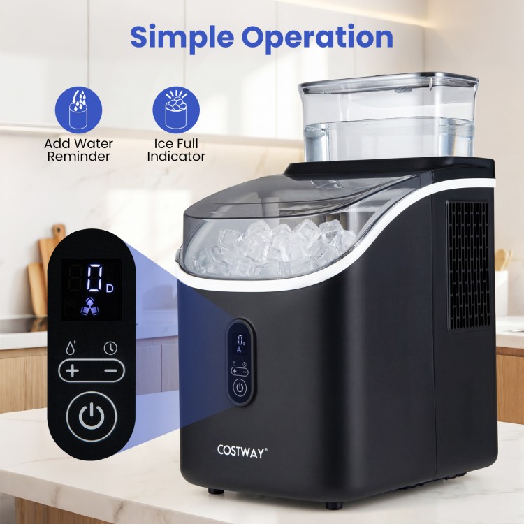Countertop ice maker in black with external tank, digital display, and self-cleaning feature for efficient ice.