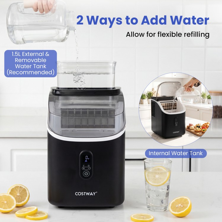 Countertop ice maker with external tank, showcasing flexible refilling options and self-cleaning feature for.