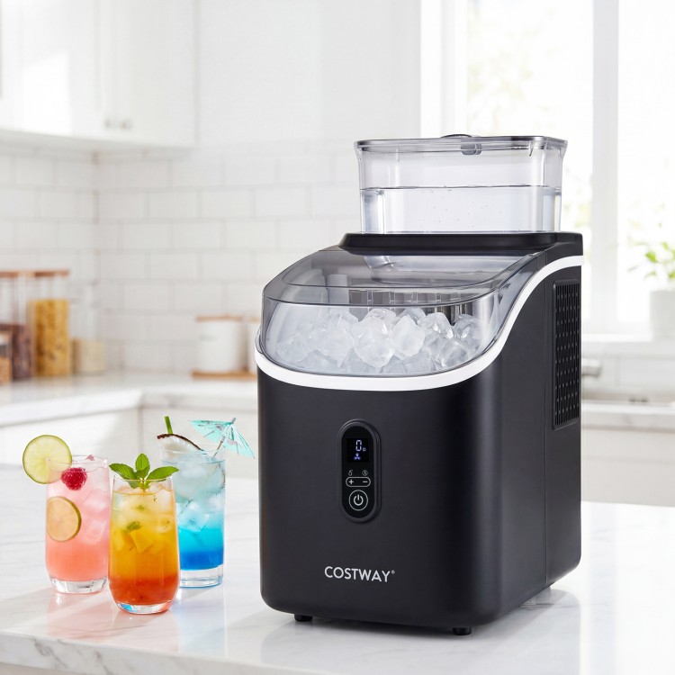 Countertop ice maker in black with external tank, producing 34 lbs of ice daily, perfect for home entertaining.