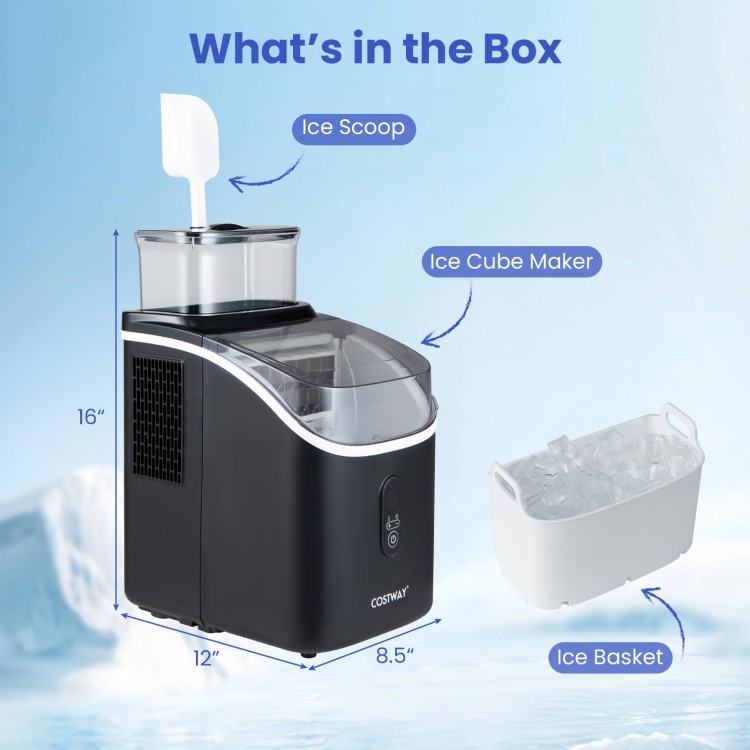 Countertop ice maker in black with external tank, ice scoop, and basket, featuring 13 thickness levels for customized.