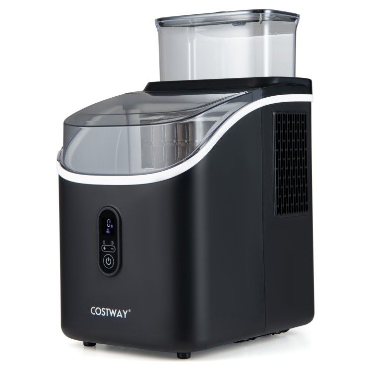 Countertop ice maker in black with external tank, 34 lbs/24H capacity, and 13 adjustable thickness levels for.
