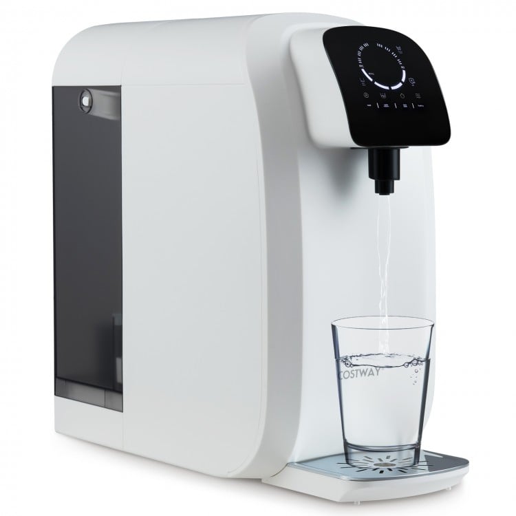 Countertop reverse osmosis water filter with UV light, compact design, and touch panel for easy water purification.