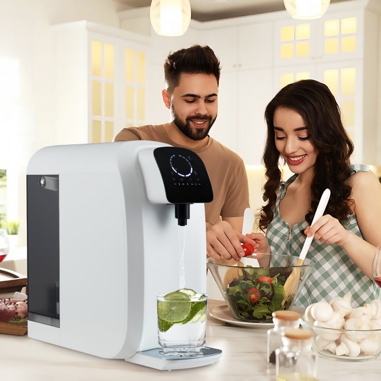Countertop reverse osmosis water filter with UV light, showcasing touch panel and quick dispensing in a kitchen setting.