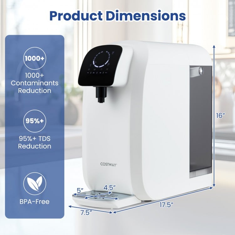 Countertop Reverse Osmosis Water Filter dimensions, showcasing a compact, BPA-free design for convenient kitchen use.