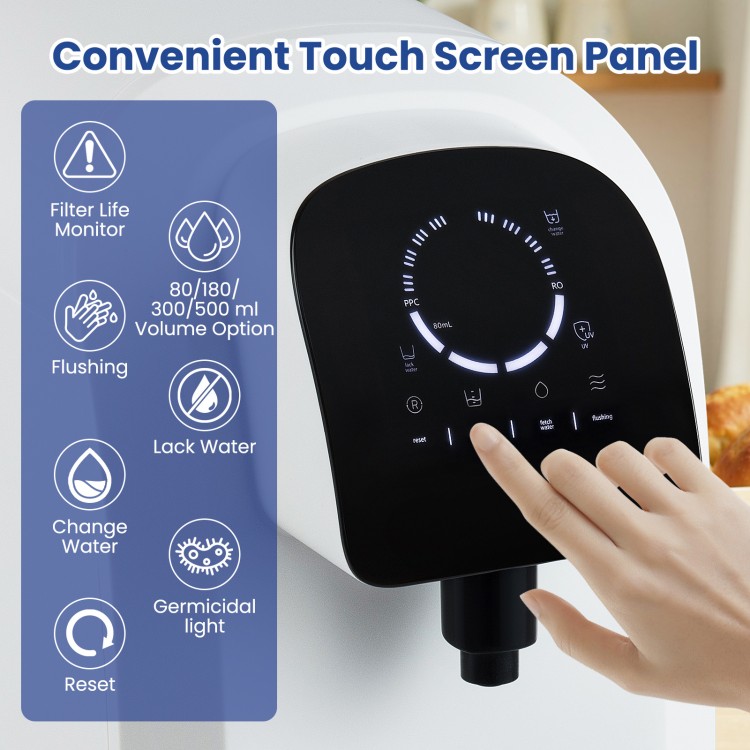 Touch screen panel of the countertop reverse osmosis water filtration system with filter life monitor and UV purification.