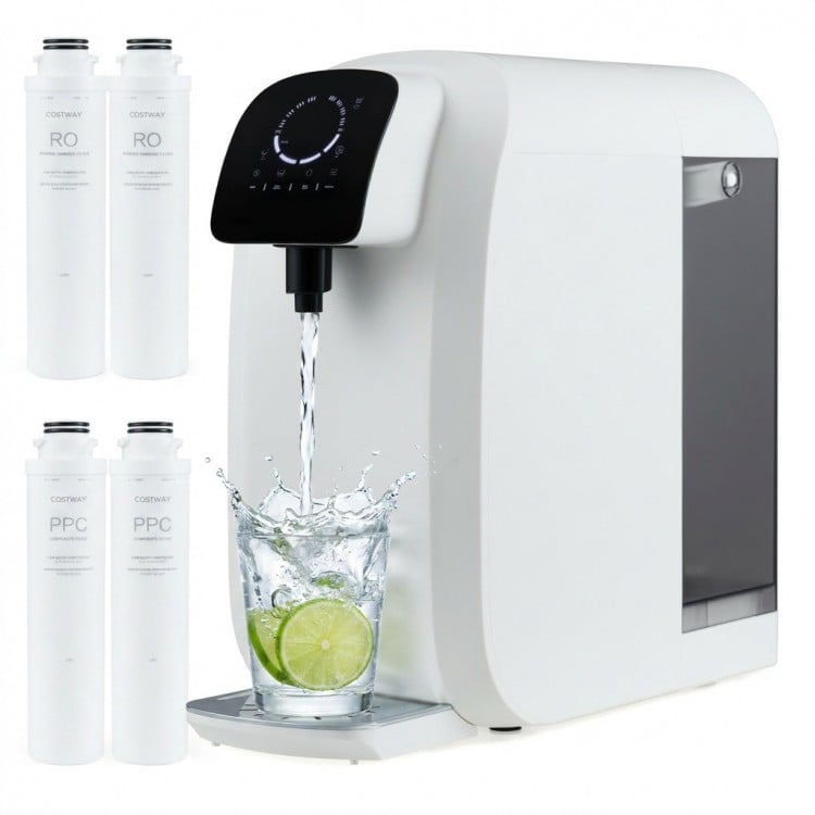 Countertop reverse osmosis water filtration system with replacement filters, providing advanced 5-stage filtration for cleaner water.
