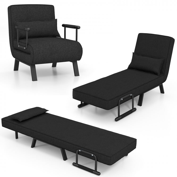 Convertible sleeper bed armchair in black with 6 adjustable positions, thick cushion, and detachable pillow for.