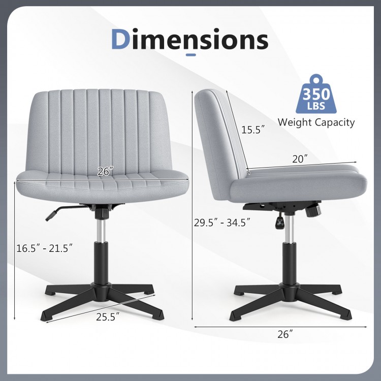 Gray Criss Cross-Legged Swivel Desk Chair dimensions with a 350 lbs capacity and height adjustment feature.
