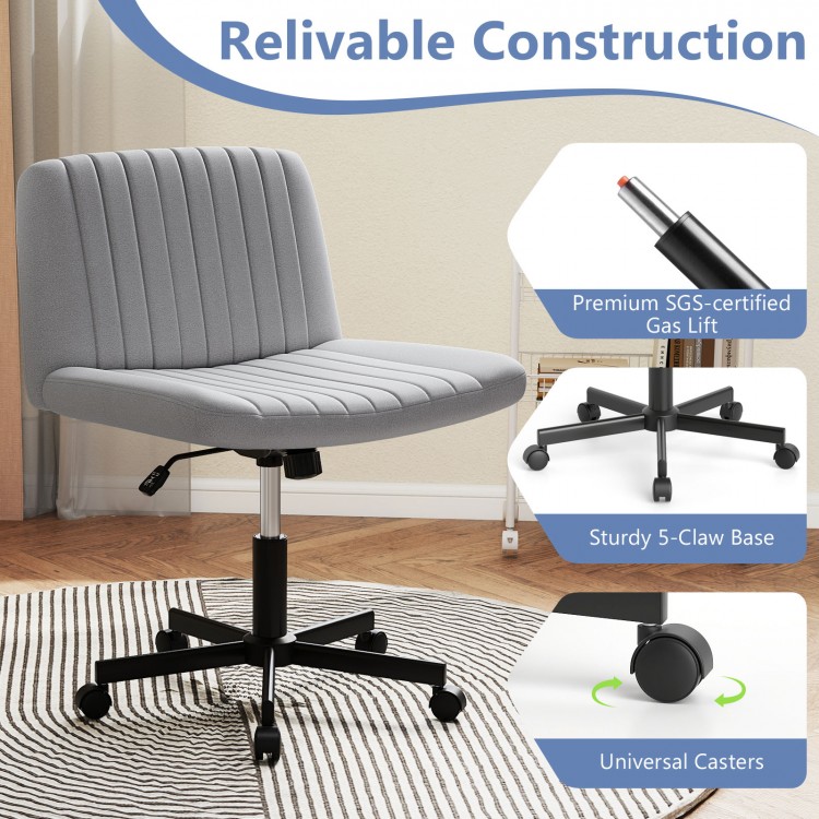 Gray Criss Cross Chair with wheels features a wide seat, sturdy 5-claw base, and premium fabric for comfort and style.