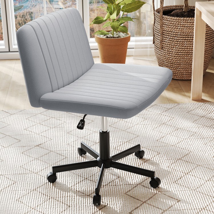 Gray Criss Cross Chair with wheels, featuring a wide padded seat and a sturdy base, ideal for flexible desk use.