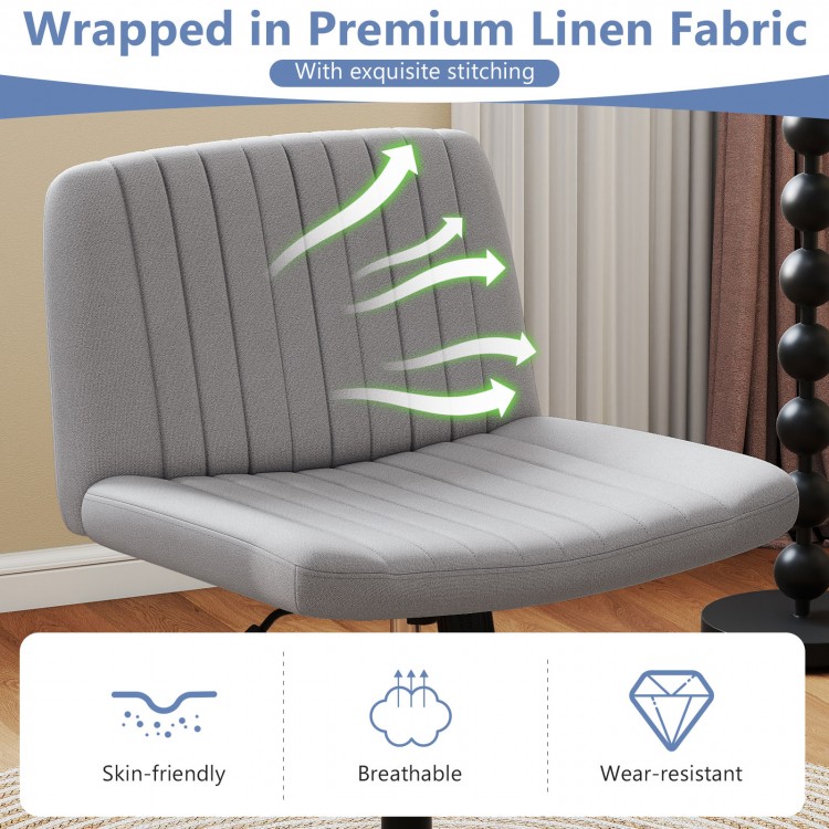 Gray Criss Cross Chair with wheels features premium linen fabric, breathable design, and a wide soft-padded seat for.
