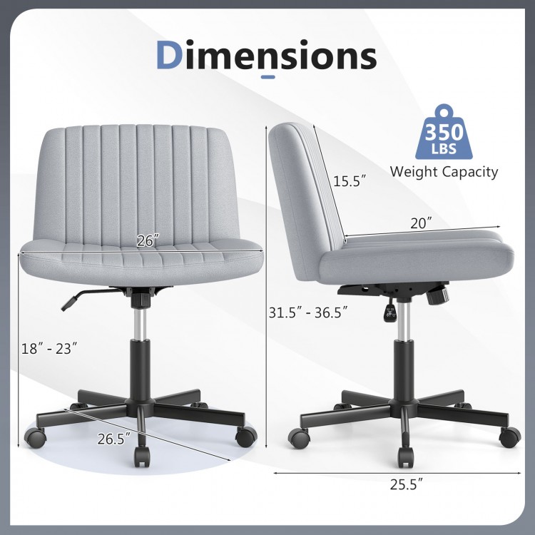 Gray Criss Cross Chair with Wheels showing dimensions, featuring a wide seat and 350 lbs weight capacity for ergonomic.