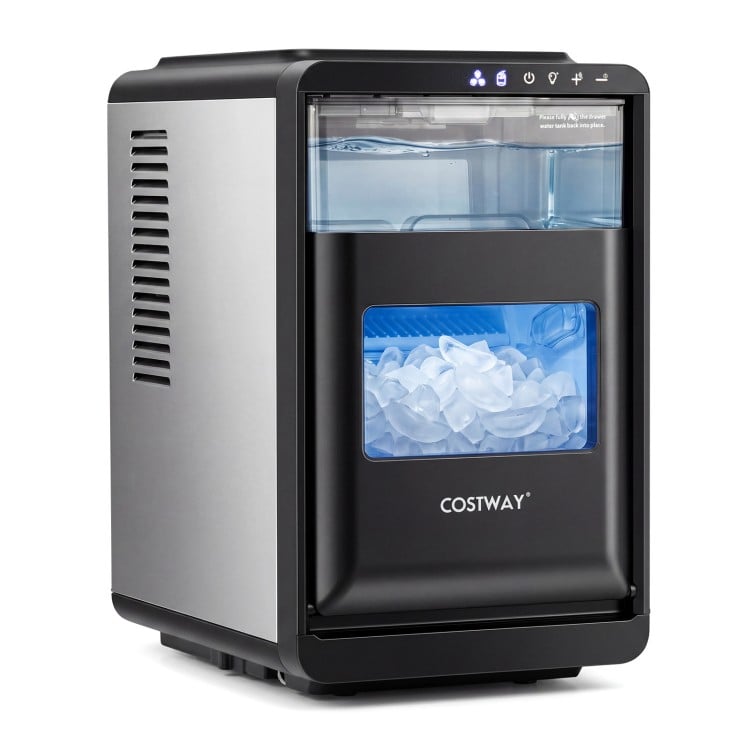 Countertop ice maker in black producing 16 crescent ice cubes, with a 26 lbs/day capacity for home bar use.