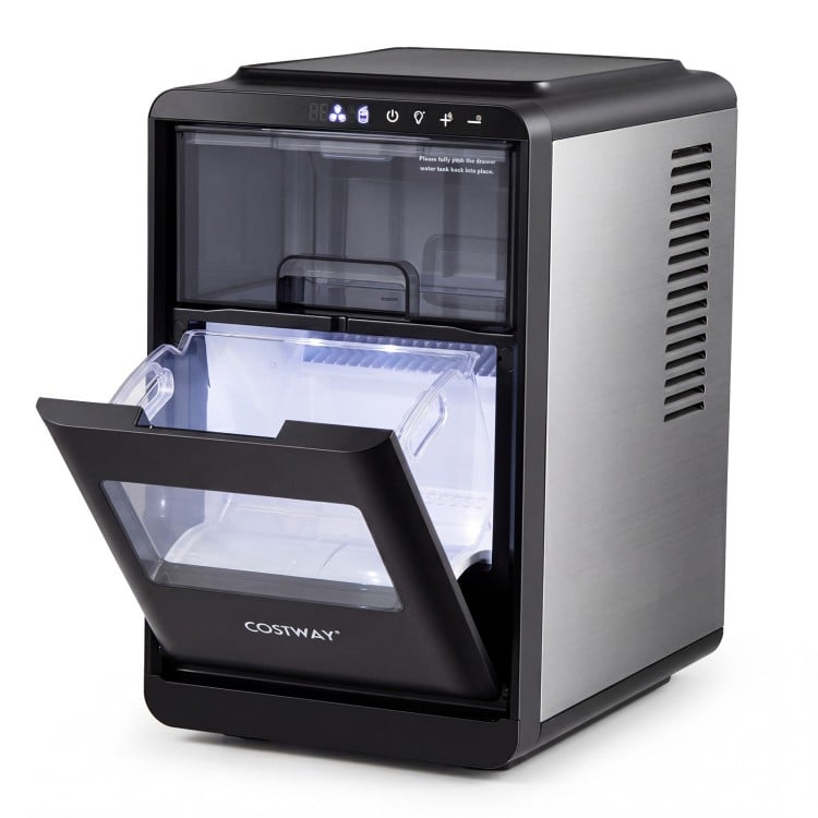 Countertop crescent ice maker in black, producing 16 cubes per cycle with a 26 lbs/day capacity for home bars.
