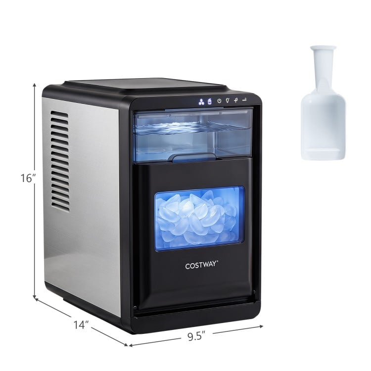Countertop crescent ice maker in black, producing 26 lbs of ice daily with adjustable thickness and clear display.