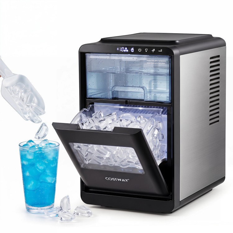 Countertop crescent ice maker produces 26 lbs of ice daily, featuring a 63 OZ water tank and adjustable thickness settings.