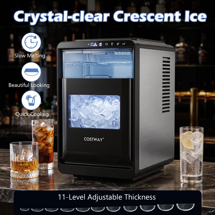 Crescent ice maker in black produces 26 lbs of crystal-clear ice daily, featuring 11-level thickness adjustment for drinks.