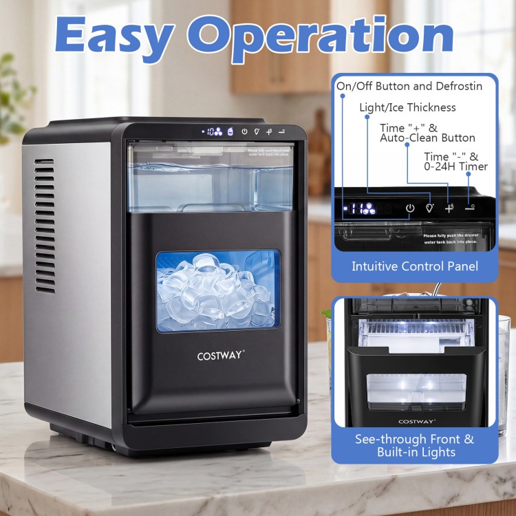 Crescent ice maker in black produces 26 lbs of ice daily with adjustable thickness and intuitive control panel for easy use.