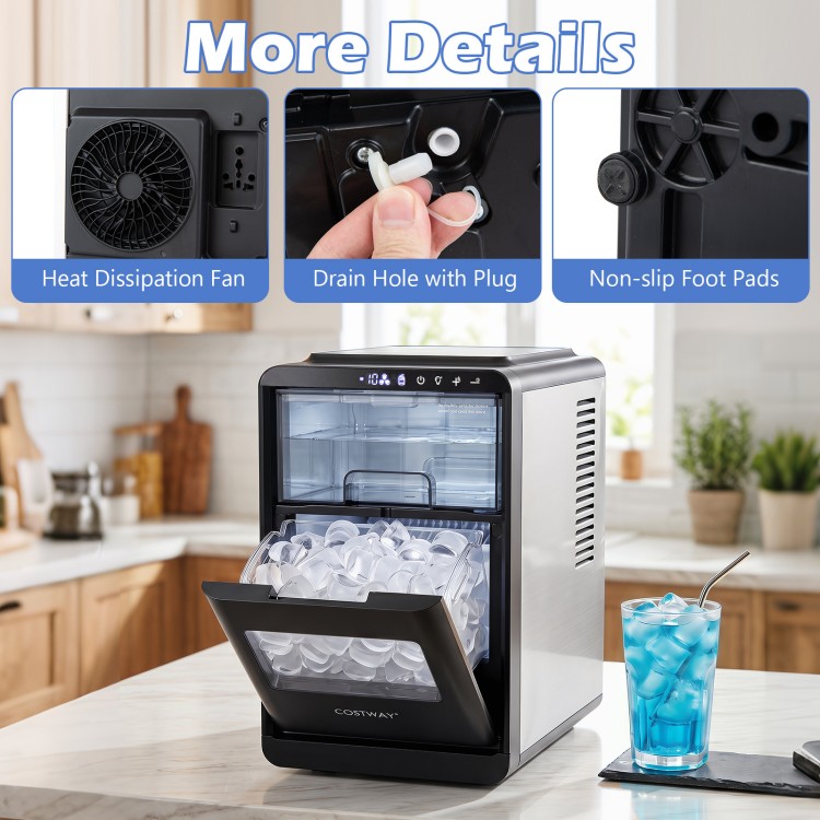 Crescent ice maker with a heat dissipation fan, drain hole, and non-slip foot pads for efficient countertop use.
