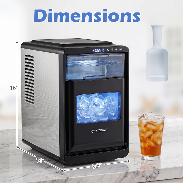 Countertop ice maker in black produces 26 lbs of crescent ice daily, featuring a 63 OZ water tank and adjustable thickness.