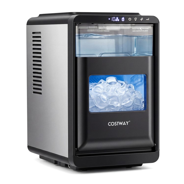 Crescent ice maker in black with a 26 lbs/day capacity, producing 16 crescent cubes every 15 minutes for home use.