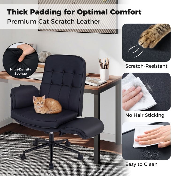 Black Criss Cross Chair with thick padding, adjustable armrests, and scratch-resistant leather for versatile comfort.