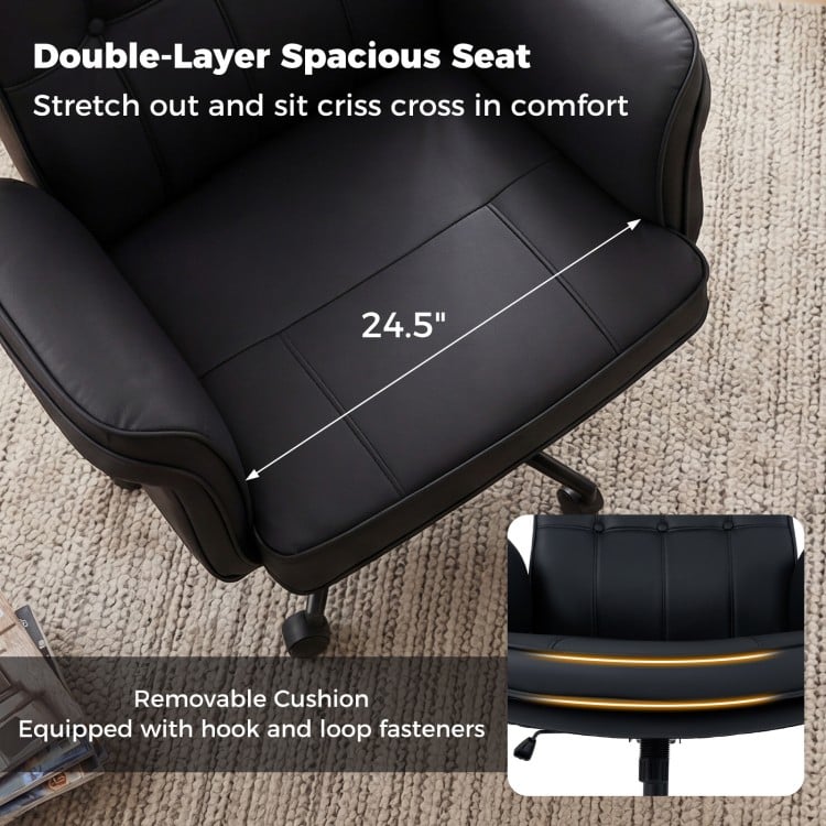 Black Criss Cross Chair with double-layer spacious seat and 5-position armrests, ideal for comfort and flexibility.