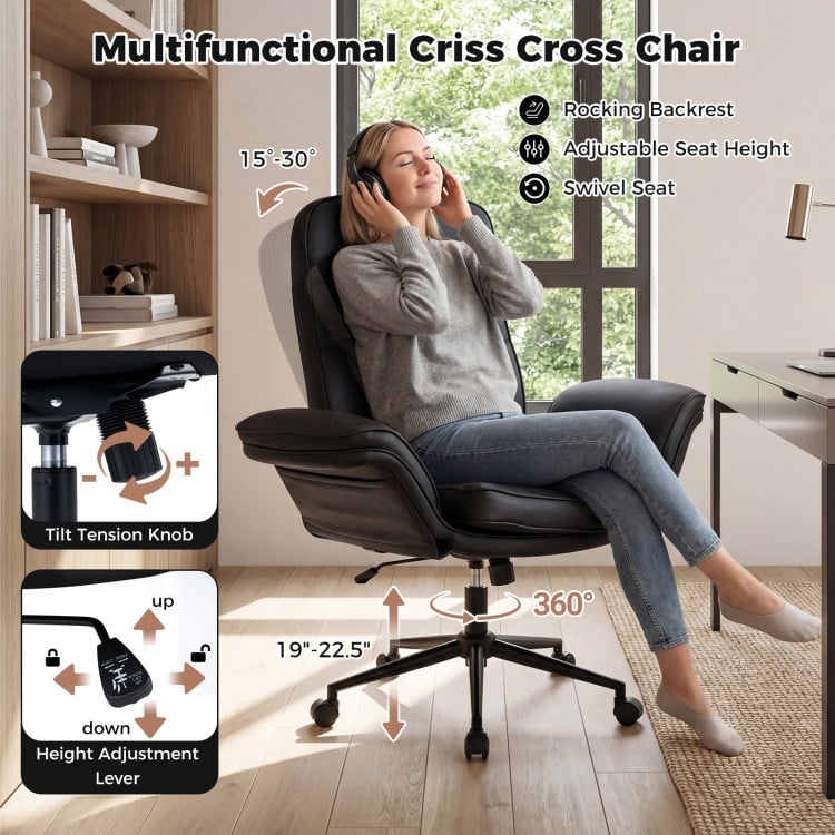 Criss Cross Chair in black with adjustable height, rocking backrest, and 5-position armrests for versatile comfort.