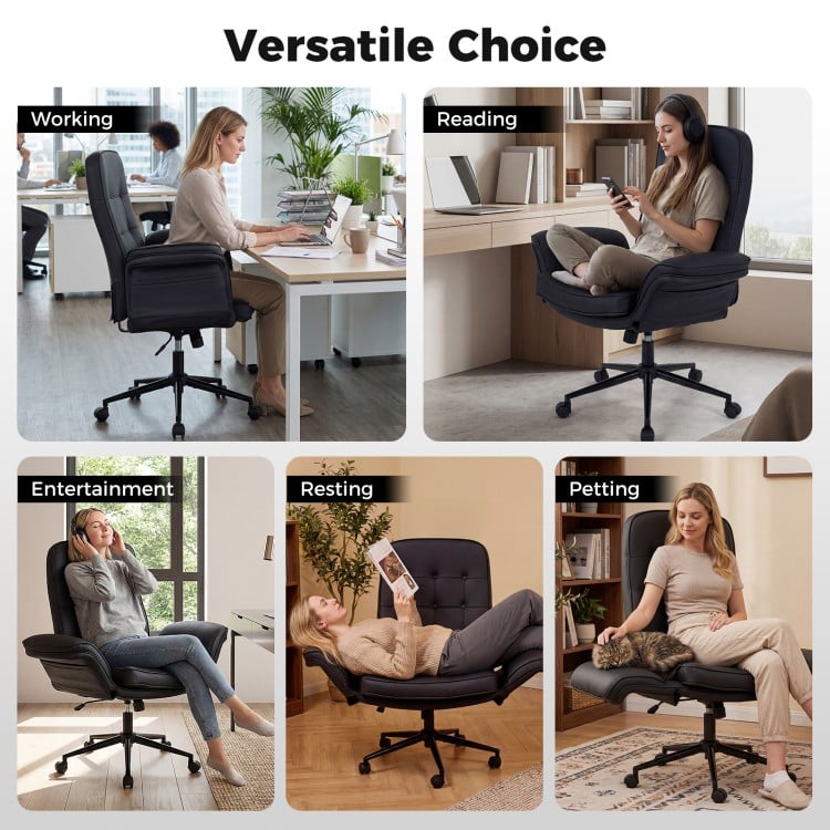 Adjustable swivel chair in black with thick padding, 5-position armrests, ideal for working, reading, and resting.