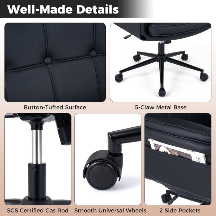Black Criss Cross Chair with button-tufted surface, adjustable armrests, and 5-claw metal base for versatile use.