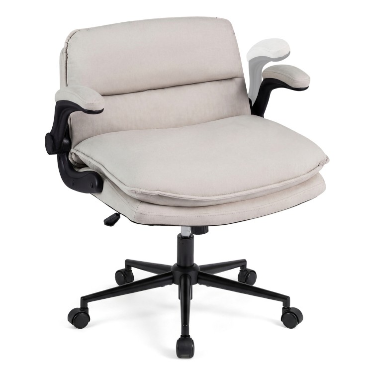 Beige Criss Cross chair on wheels with flip-up arms, featuring adjustable height and overstuffed backrest for comfort.
