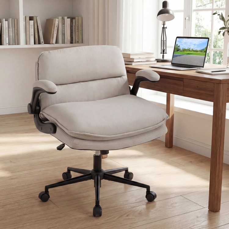 Beige Criss Cross chair on wheels with flip-up arms, featuring a padded seat and adjustable height for home office.