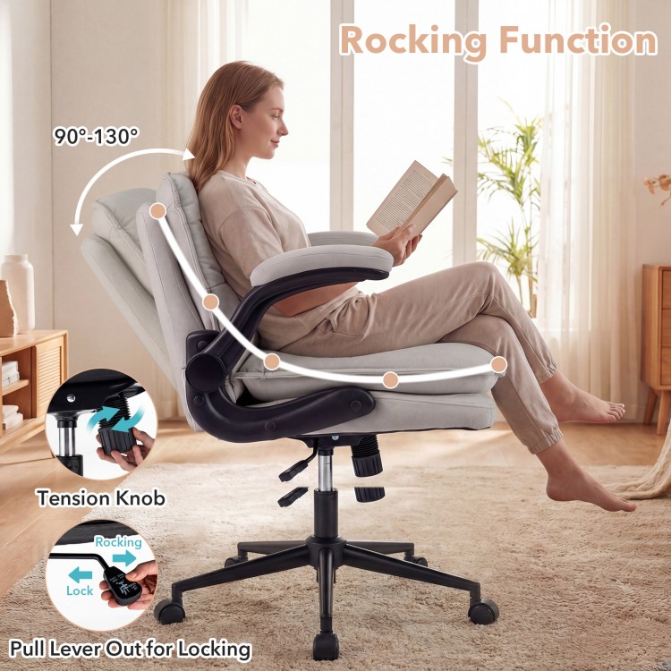 Rocking Criss Cross chair with flip-up arms, beige faux leather, adjustable height, ideal for home office relaxation.