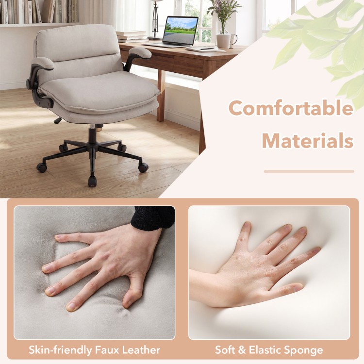 Beige Criss Cross chair with flip-up arms, featuring smooth faux leather and soft sponge for ultimate comfort in any.