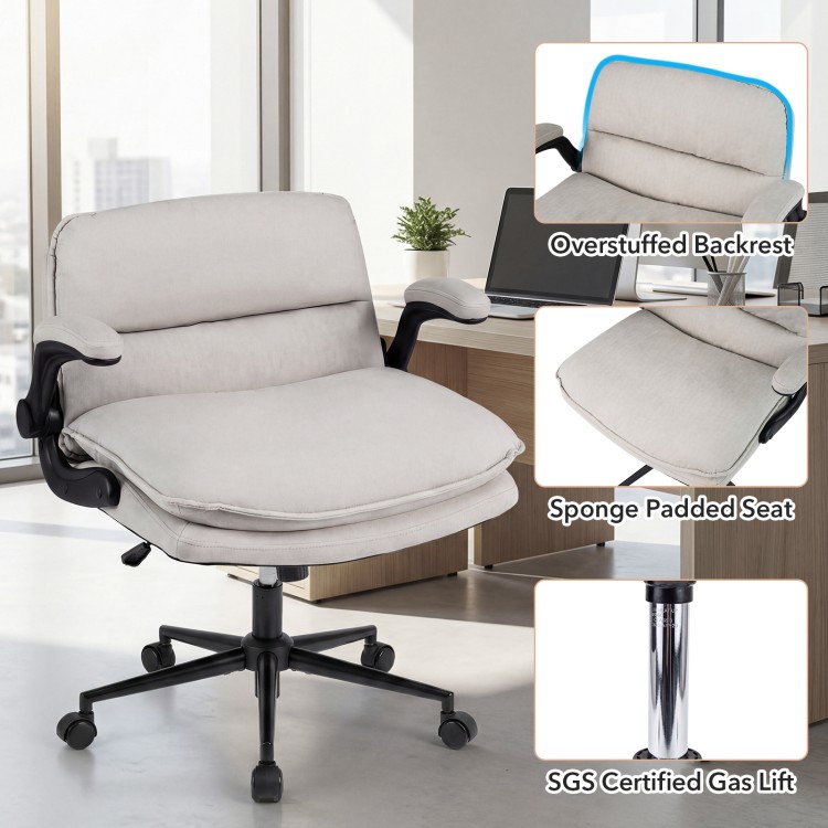 Beige Criss Cross chair with flip-up arms, overstuffed backrest, and sponge padded seat for home office comfort.