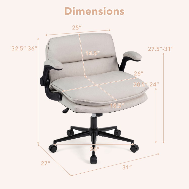 Beige Criss Cross Chair on Wheels with adjustable height, overstuffed backrest, and flip-up arms for versatile use.